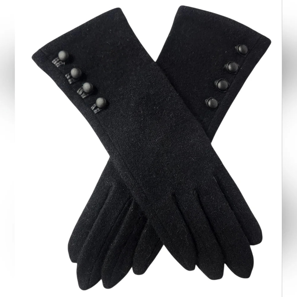 Lauren Ralph Lauren Wool & Cashmere Black Gloves with Button Detail Size Small